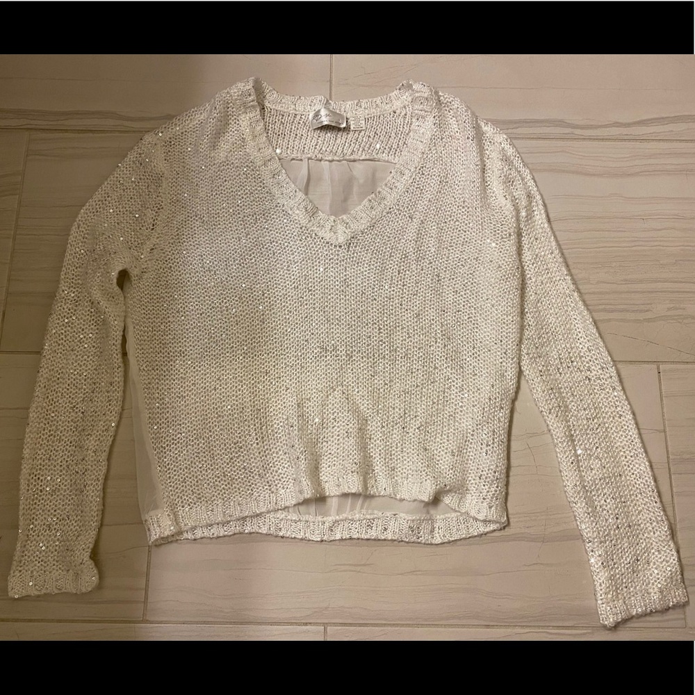 White sparkly sweater with shear back